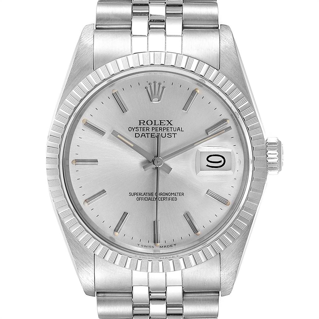 The image shows a front view of the Rolex Vintage Collection 16030 Men
s Stainless Steel Silver Dial 16030 Men
s Stainless Steel Silver Dial Datejust watch, including the dial, bezel, hands, bracelet, and crown.