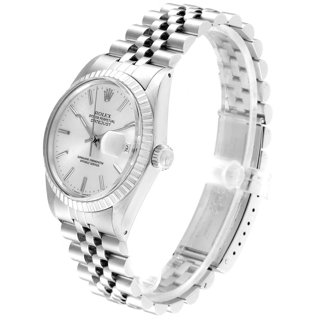The image shows a side angle of the Rolex Vintage Collection 16030 Men
s Stainless Steel Silver Dial 16030 Men
s Stainless Steel Silver Dial model, highlighting the watch face, casing, and bracelet.
