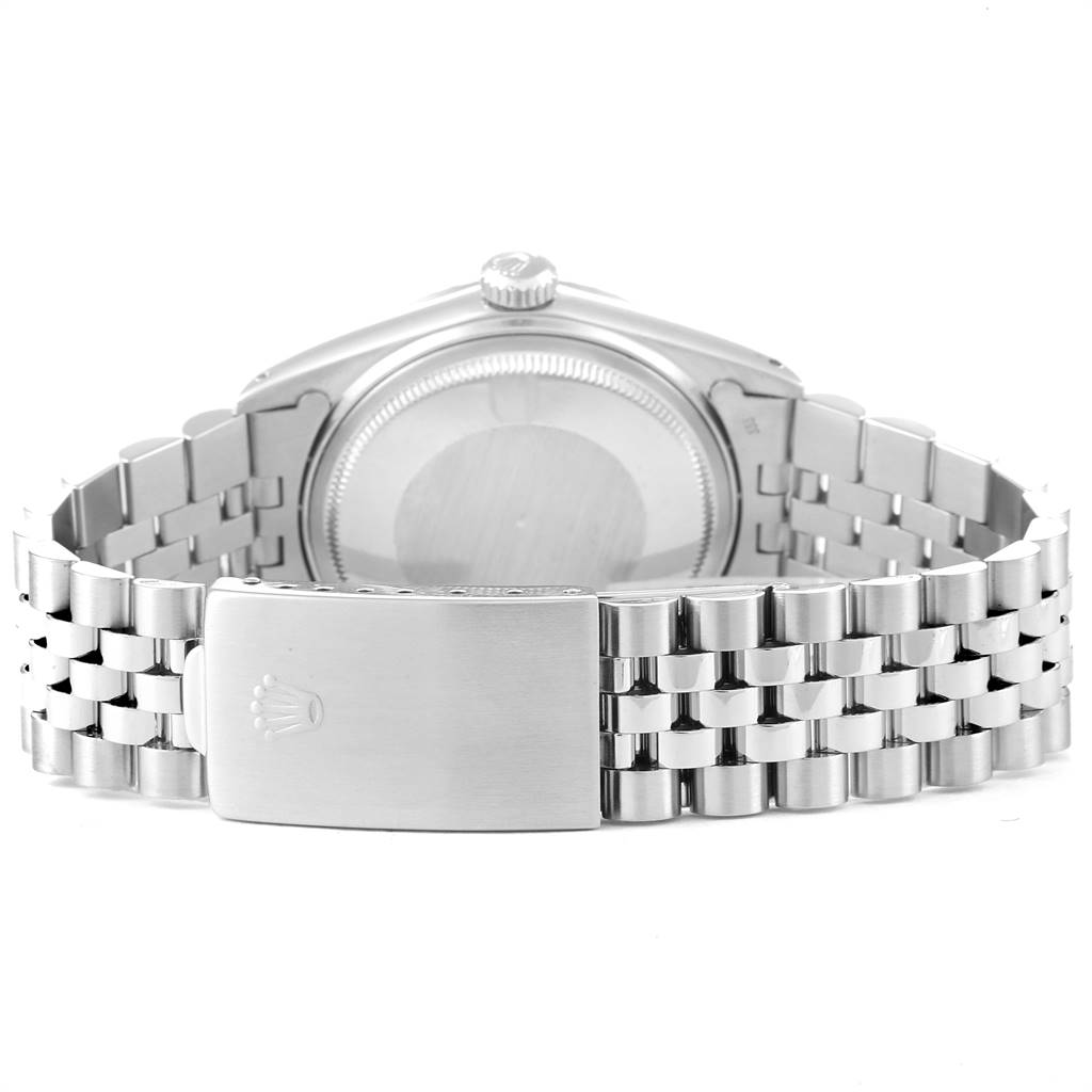 The image shows the back view of a Rolex Vintage Collection 16030 Men
s Stainless Steel Silver Dial 16030 Men
s Stainless Steel Silver Dial watch, highlighting its bracelet and clasp.