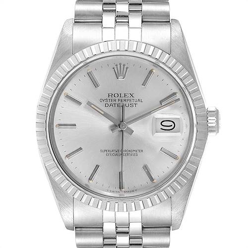 The image shows a frontal view of the Rolex Oyster Perpetual Datejust Vintage Collection watch, displaying the face, bezel, and bracelet.