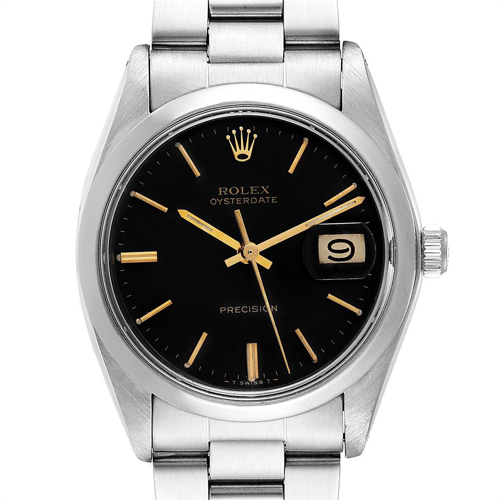 The image shows a front view of the Rolex Vintage Collection 6694 Men's Stainless Steel Black Dial 6694 Men's Stainless Steel Black Dial Oysterdate watch, highlighting its black dial, date window, and stainless steel bracelet.