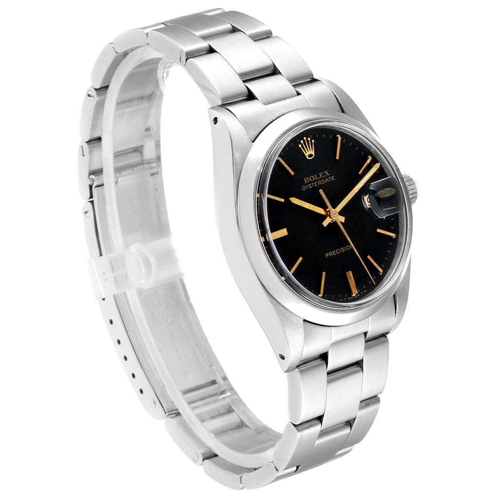 This Rolex Vintage Collection 6694 Men's Stainless Steel Black Dial 6694 Men's Stainless Steel Black Dial model watch is shown at an angled view displaying its stainless steel bracelet and black dial.