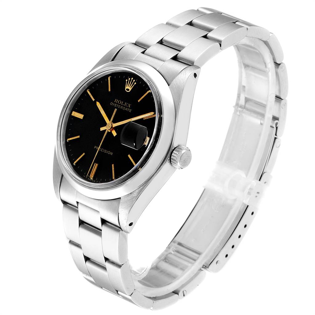 The Rolex Vintage Collection 6694 Men's Stainless Steel Black Dial 6694 Men's Stainless Steel Black Dial watch is shown at a three-quarter angle, highlighting its black dial, metal bracelet, and side crown.