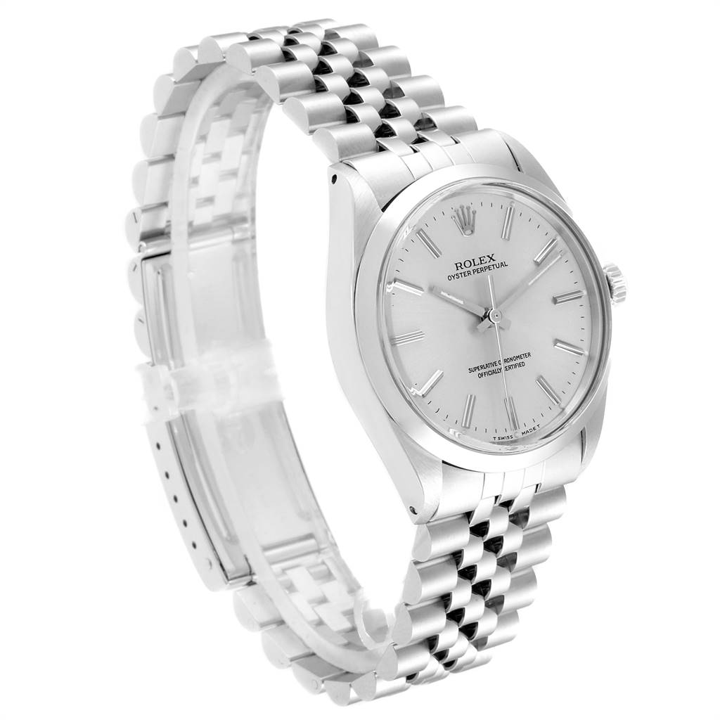 This Rolex Vintage Collection 1002 Men
s Stainless Steel Silver Dial 1002 Men
s Stainless Steel Silver Dial watch is shown from an angled side view displaying its dial, bezel, and bracelet.