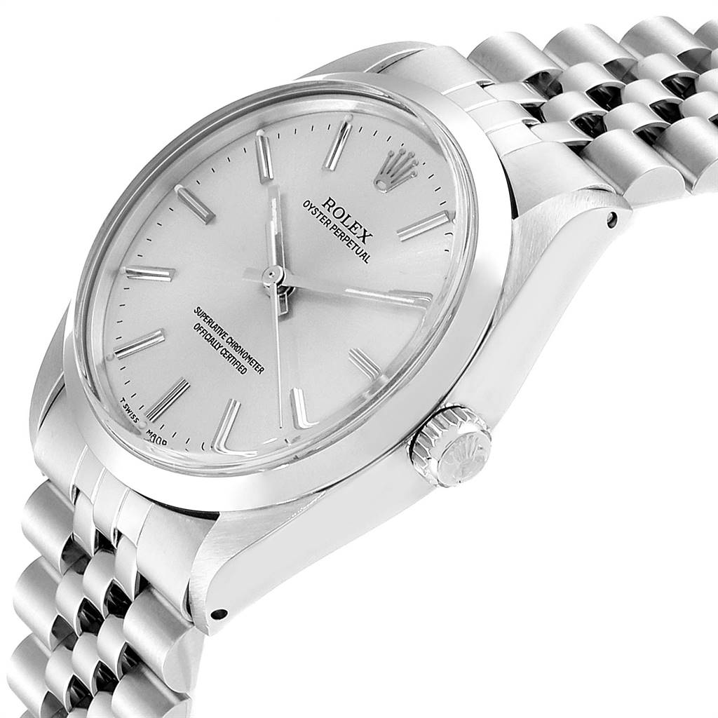 This image shows a side angle of the Rolex Vintage Collection 1002 Men
s Stainless Steel Silver Dial 1002 Men
s Stainless Steel Silver Dial watch displaying the face, bezel, crown, and bracelet.