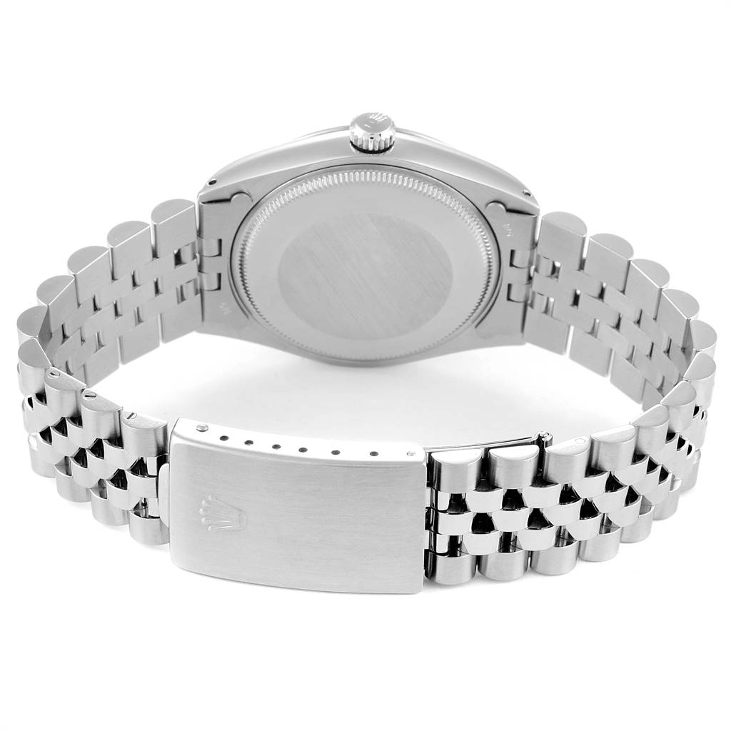 The image shows the back casing and Jubilee bracelet of a Rolex Vintage Collection 1002 Men
s Stainless Steel Silver Dial 1002 Men
s Stainless Steel Silver Dial model watch from a rear angle.