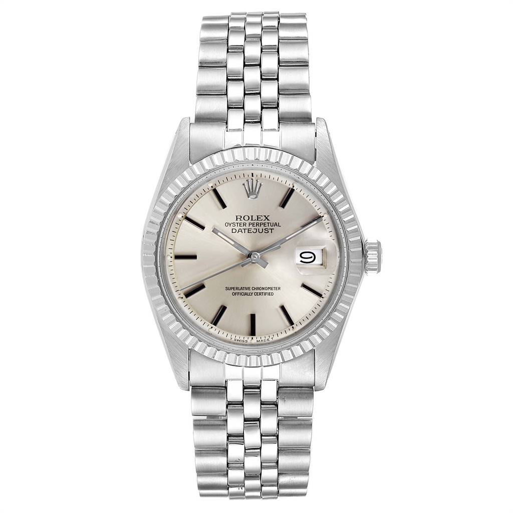 The Rolex Vintage Collection 1601 Men
s Stainless Steel Silver Dial 1601 Men
s Stainless Steel Silver Dial watch is shown from a top view, displaying the dial, bezel, and bracelet.