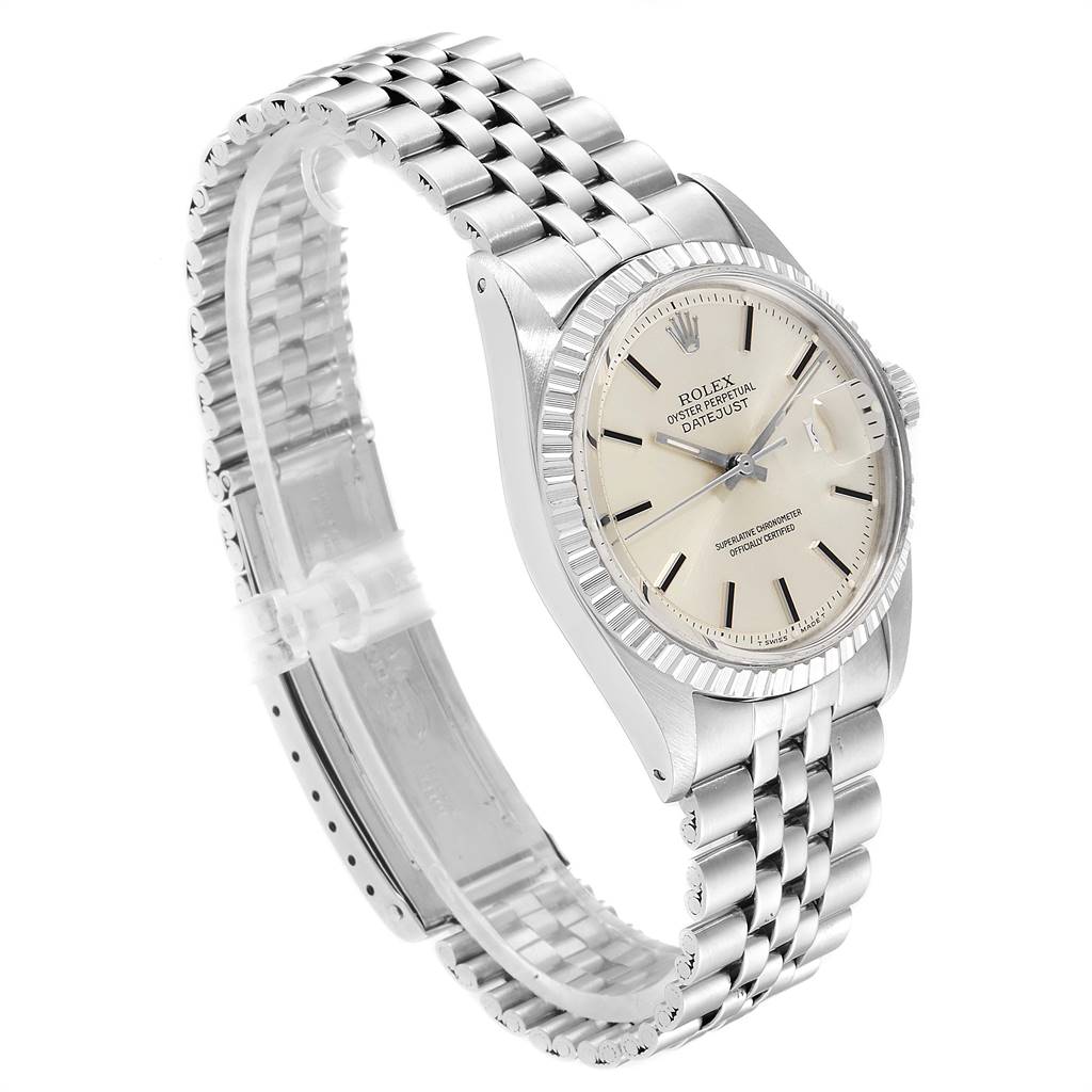 The Rolex Vintage Collection 1601 Men
s Stainless Steel Silver Dial 1601 Men
s Stainless Steel Silver Dial model is shown at an angle highlighting its dial, bezel, crown, and bracelet.