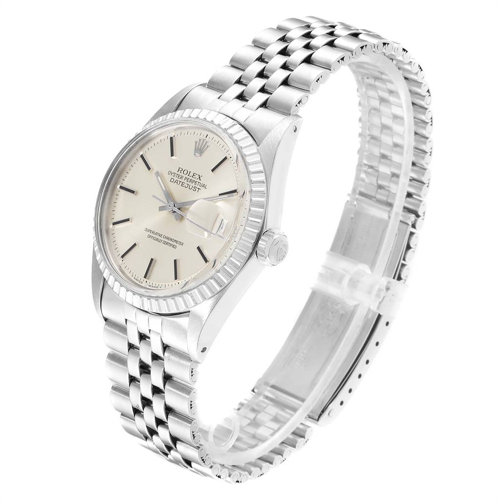 The image shows a side-angle view of the Rolex Vintage Collection 1601 Men
s Stainless Steel Silver Dial 1601 Men
s Stainless Steel Silver Dial model, highlighting its dial, bracelet, crown, and bezel.