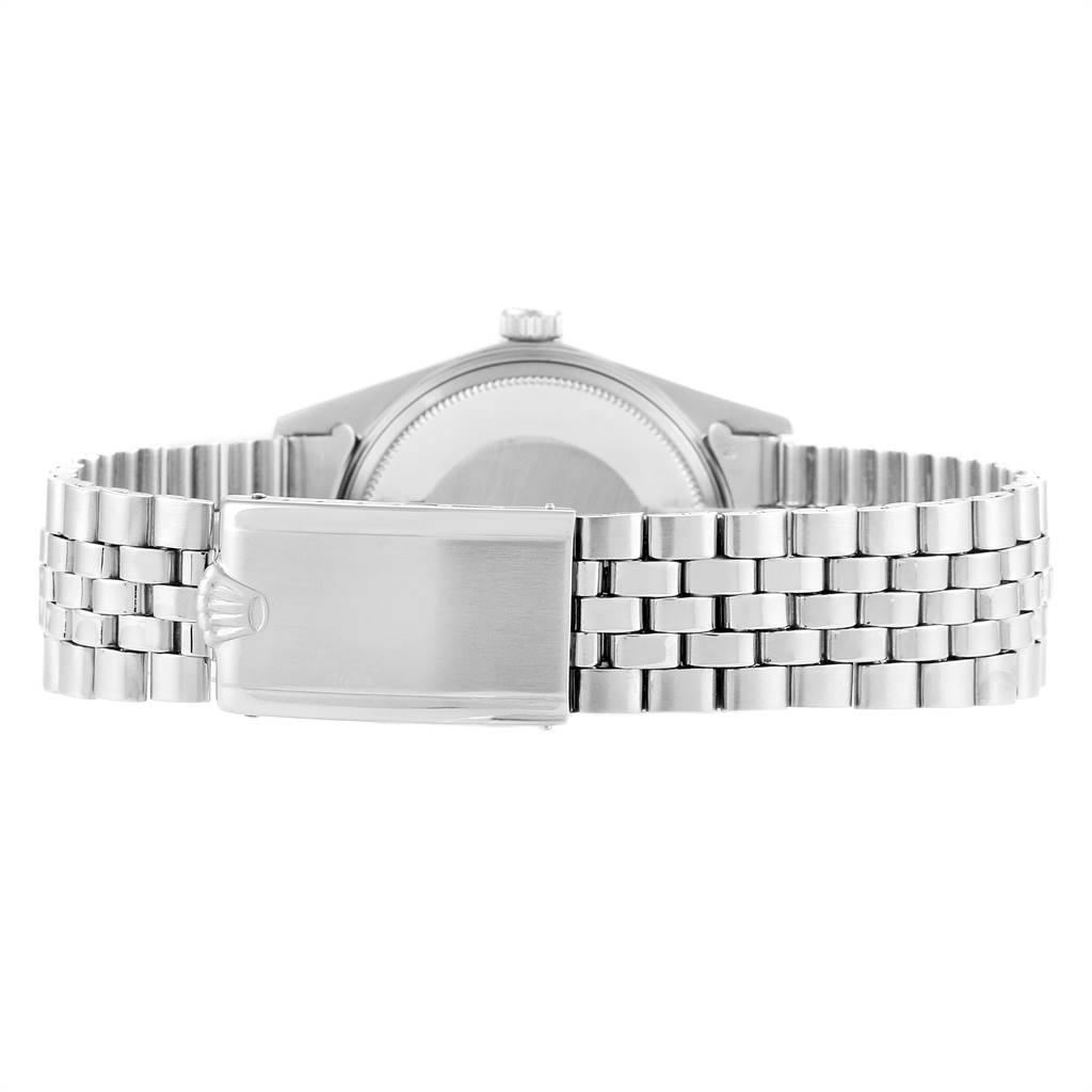 This image shows the back angle of the Rolex Vintage Collection 1601 Men
s Stainless Steel Silver Dial 1601 Men
s Stainless Steel Silver Dial watch, focusing on the clasp and bracelet.