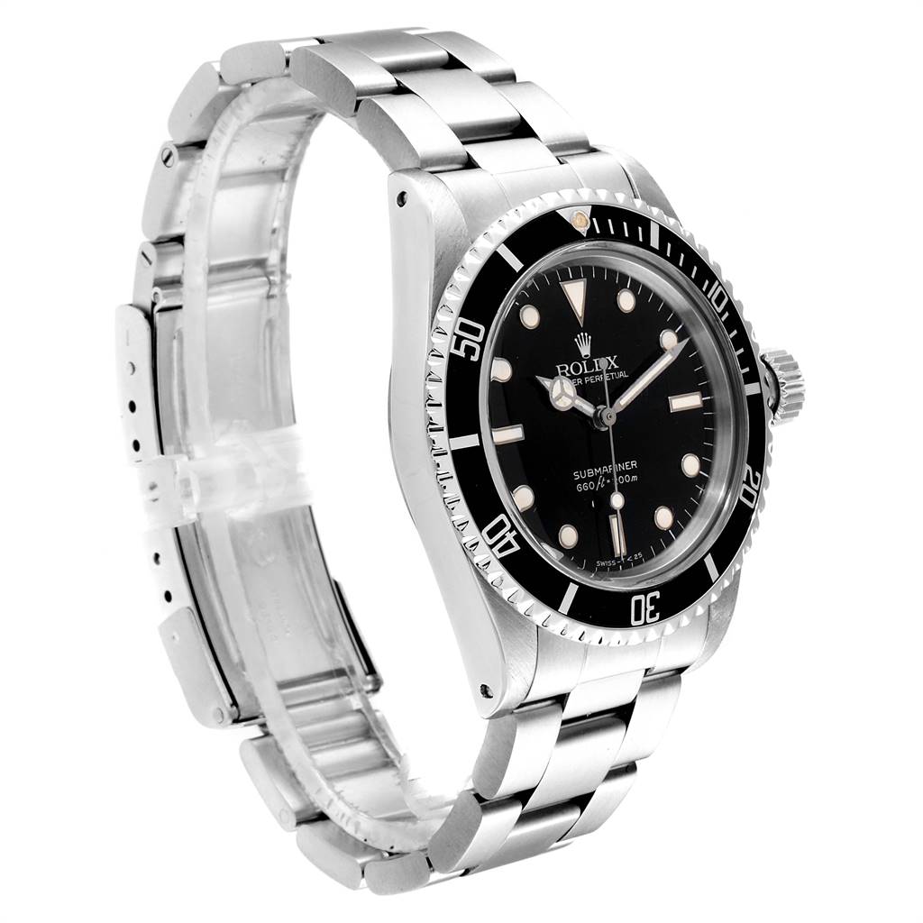 The Rolex Vintage Collection 5513 Men
s Stainless Steel Black Dial 5513 Men
s Stainless Steel Black Dial Submariner is shown from a front-side angle, featuring the watch face and metal bracelet.