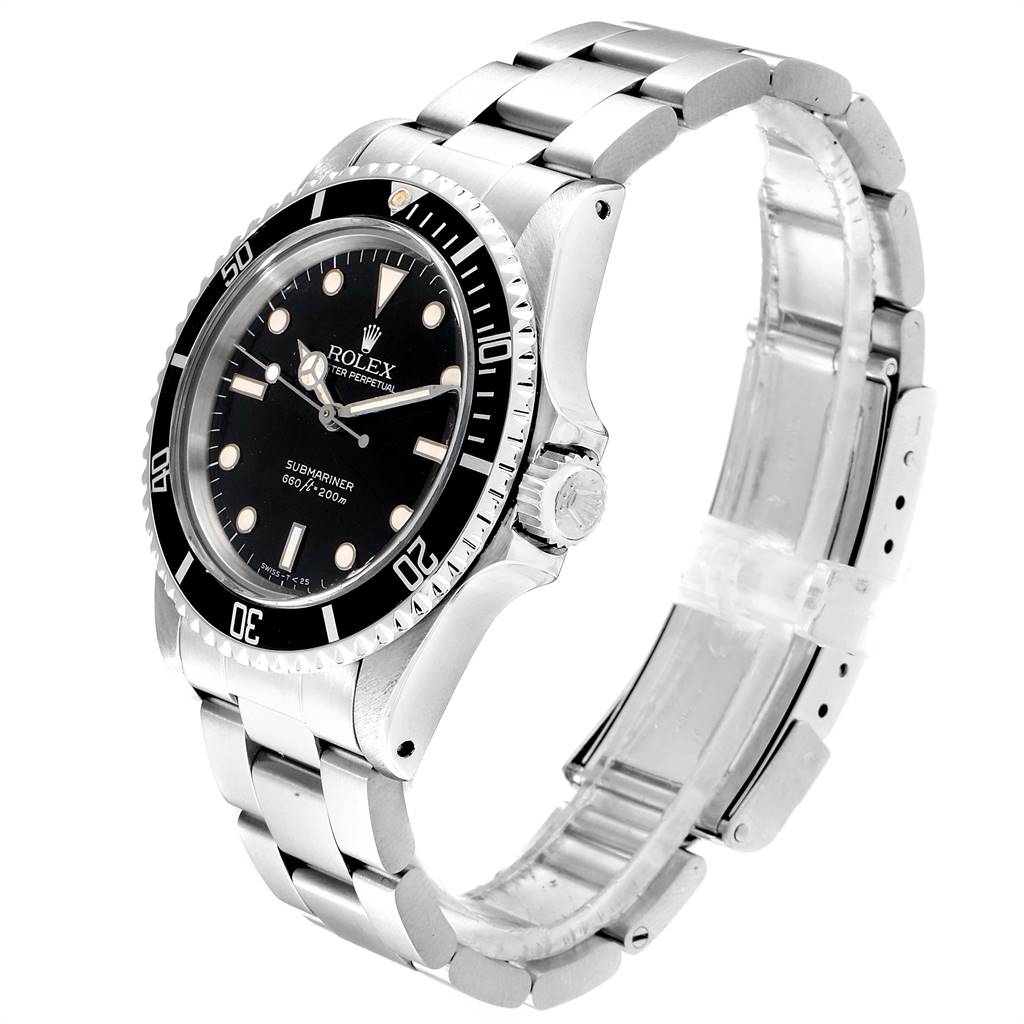 The Rolex Vintage Collection 5513 Men
s Stainless Steel Black Dial 5513 Men
s Stainless Steel Black Dial model watch is shown at an angle highlighting its dial, bezel, crown, and stainless steel bracelet.