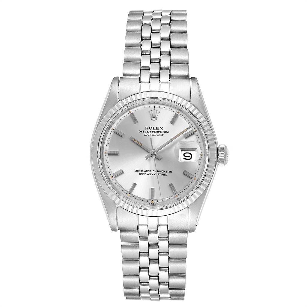 The image shows a frontal view of a Vintage Collection Rolex Oyster Perpetual Datejust watch, highlighting its dial, bezel, and bracelet.