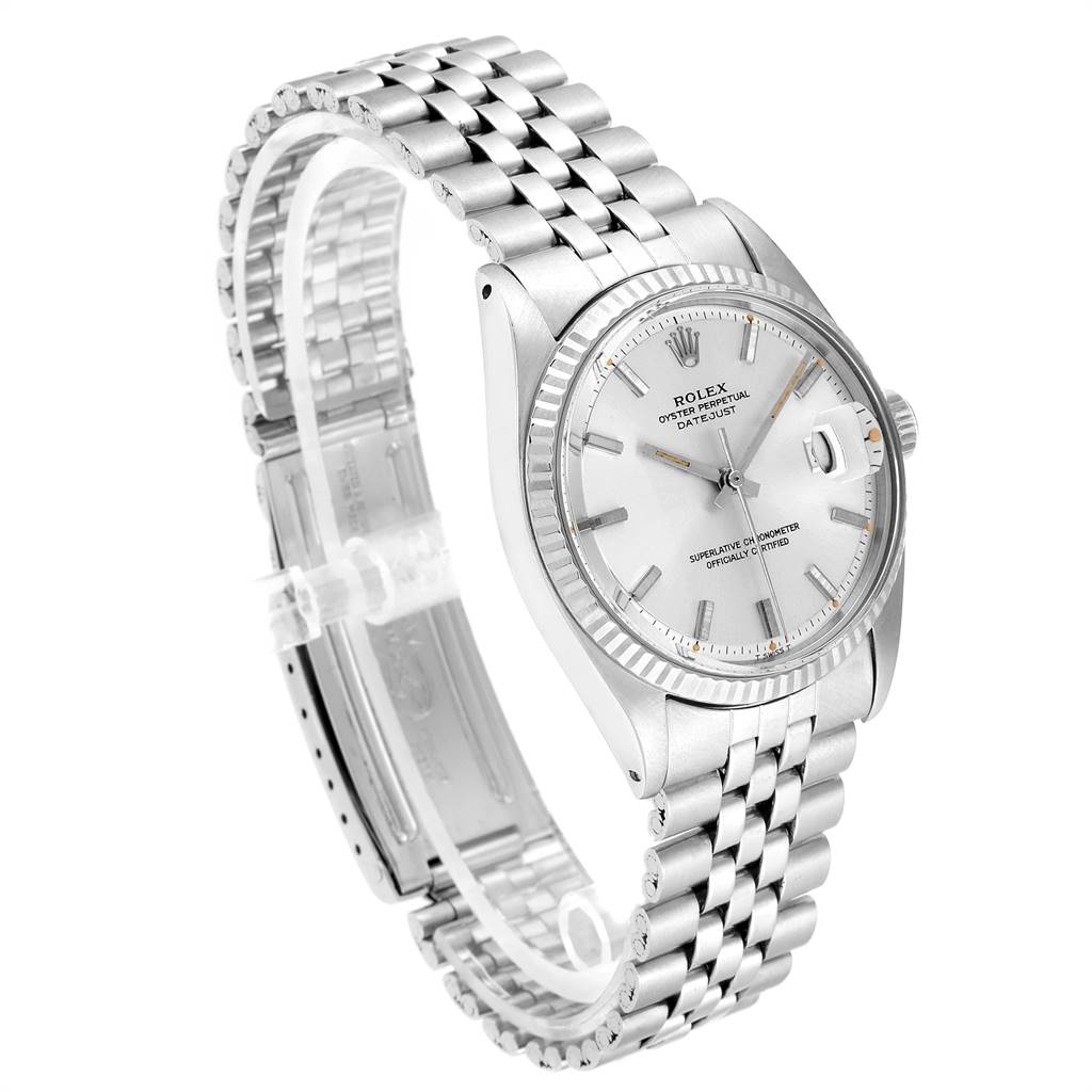 The image shows a Rolex Vintage Collection 1601 Men
s Stainless Steel Silver Dial 1601 Men
s Stainless Steel Silver Dial model watch at an oblique angle, highlighting the bracelet, face, and fluted bezel.