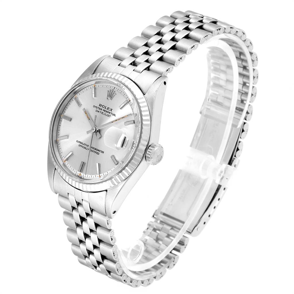 The Rolex Vintage Collection 1601 Men
s Stainless Steel Silver Dial 1601 Men
s Stainless Steel Silver Dial watch is shown at a three-quarter angle, highlighting its silver dial, fluted bezel, and Jubilee bracelet.