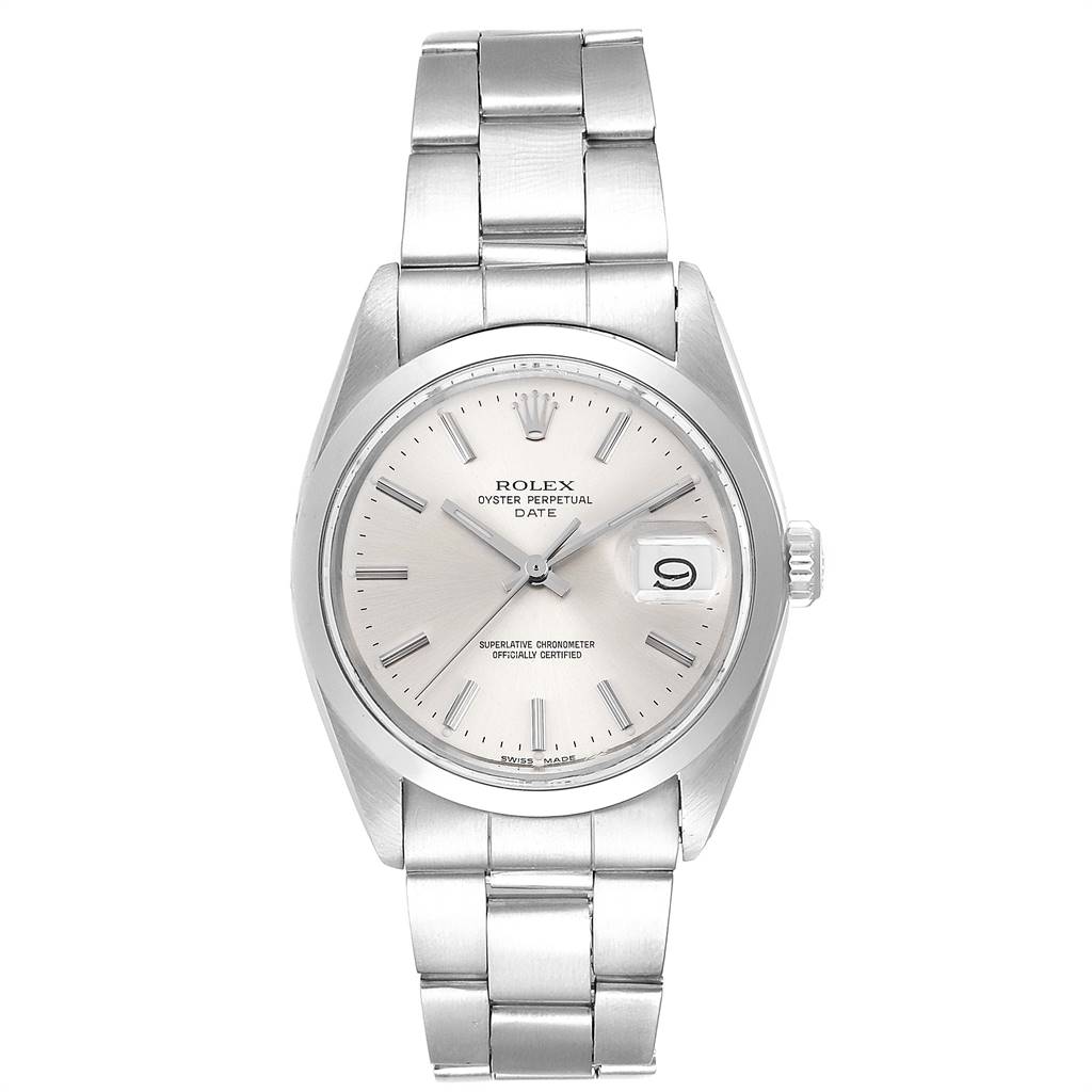 This image shows a front view of the Rolex Vintage Collection 1500 Men
s Stainless Steel Silver Dial 1500 Men
s Stainless Steel Silver Dial Oyster Perpetual Date watch.