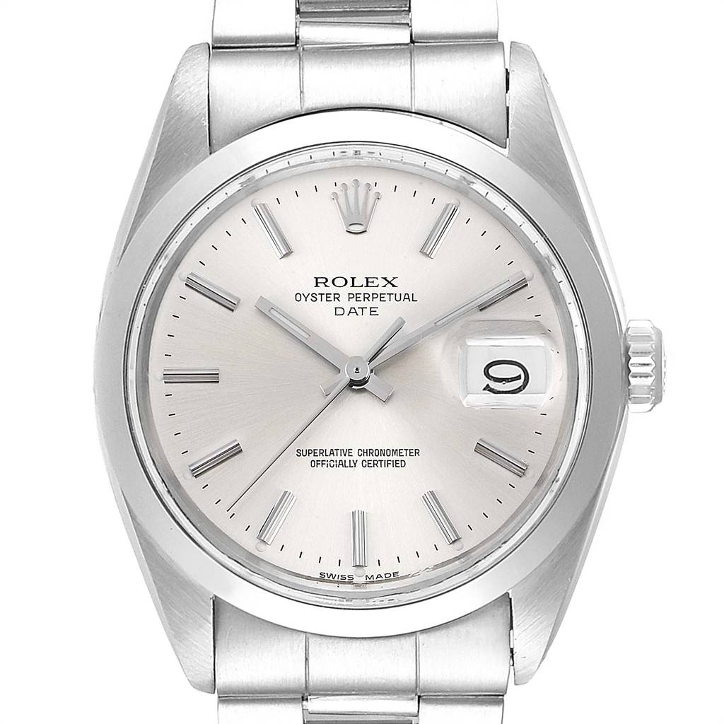 The image shows a frontal view of a Rolex Vintage Collection 1500 Men
s Stainless Steel Silver Dial 1500 Men
s Stainless Steel Silver Dial Oyster Perpetual Date watch.