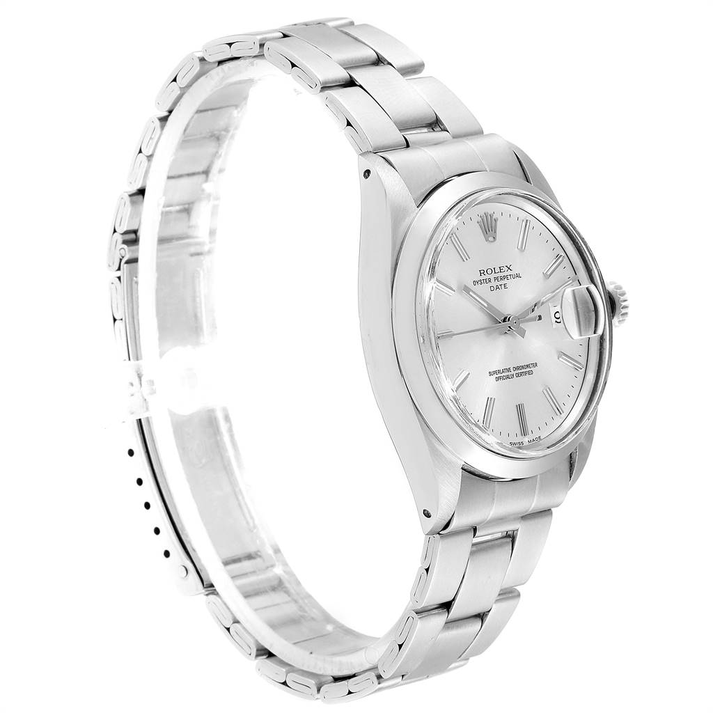 The image shows a side angle of the Rolex Vintage Collection 1500 Men
s Stainless Steel Silver Dial 1500 Men
s Stainless Steel Silver Dial model, displaying the watch face, bezel, and stainless steel bracelet.