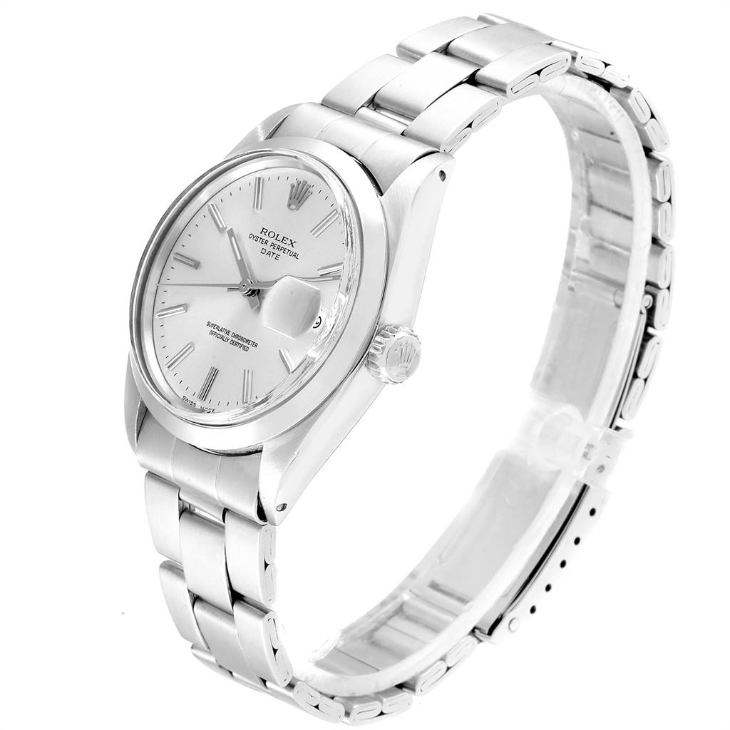 This Rolex Vintage Collection 1500 Men
s Stainless Steel Silver Dial 1500 Men
s Stainless Steel Silver Dial watch is shown at a three-quarter angle, highlighting its face, bezel, and bracelet.