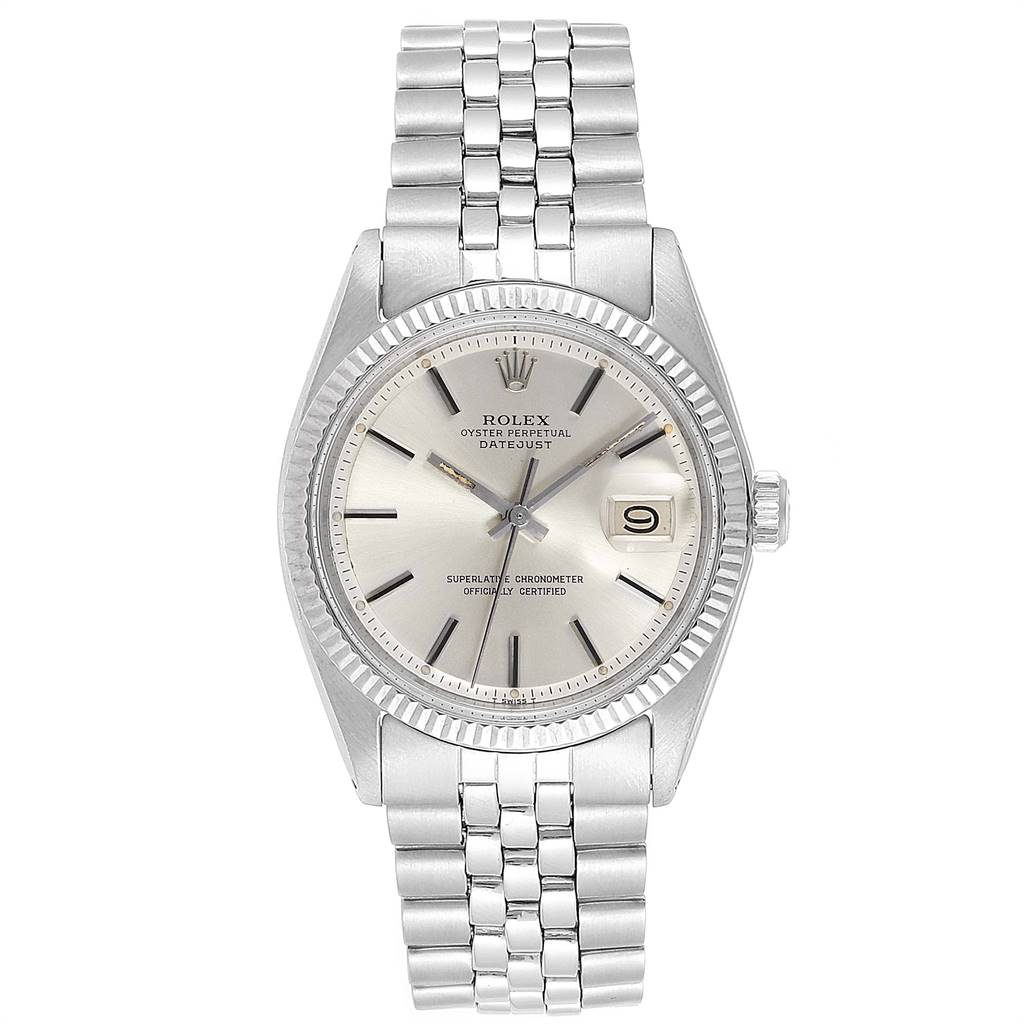 This image shows a frontal view of the Vintage Collection Rolex Oyster Perpetual Datejust watch, highlighting the dial, bezel, and bracelet.