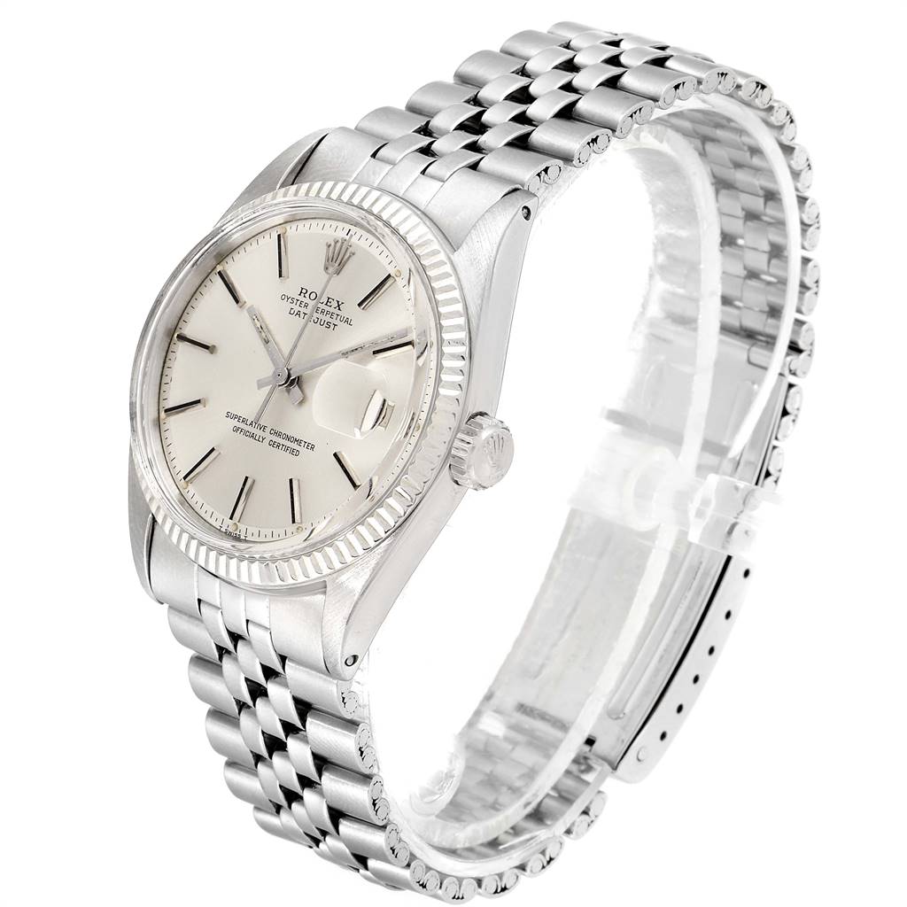 The image shows a Rolex Vintage Collection 1601 Men
s Stainless Steel Silver Dial 1601 Men
s Stainless Steel Silver Dial watch, angled slightly to the left, featuring the face, bezel, crown, and bracelet.