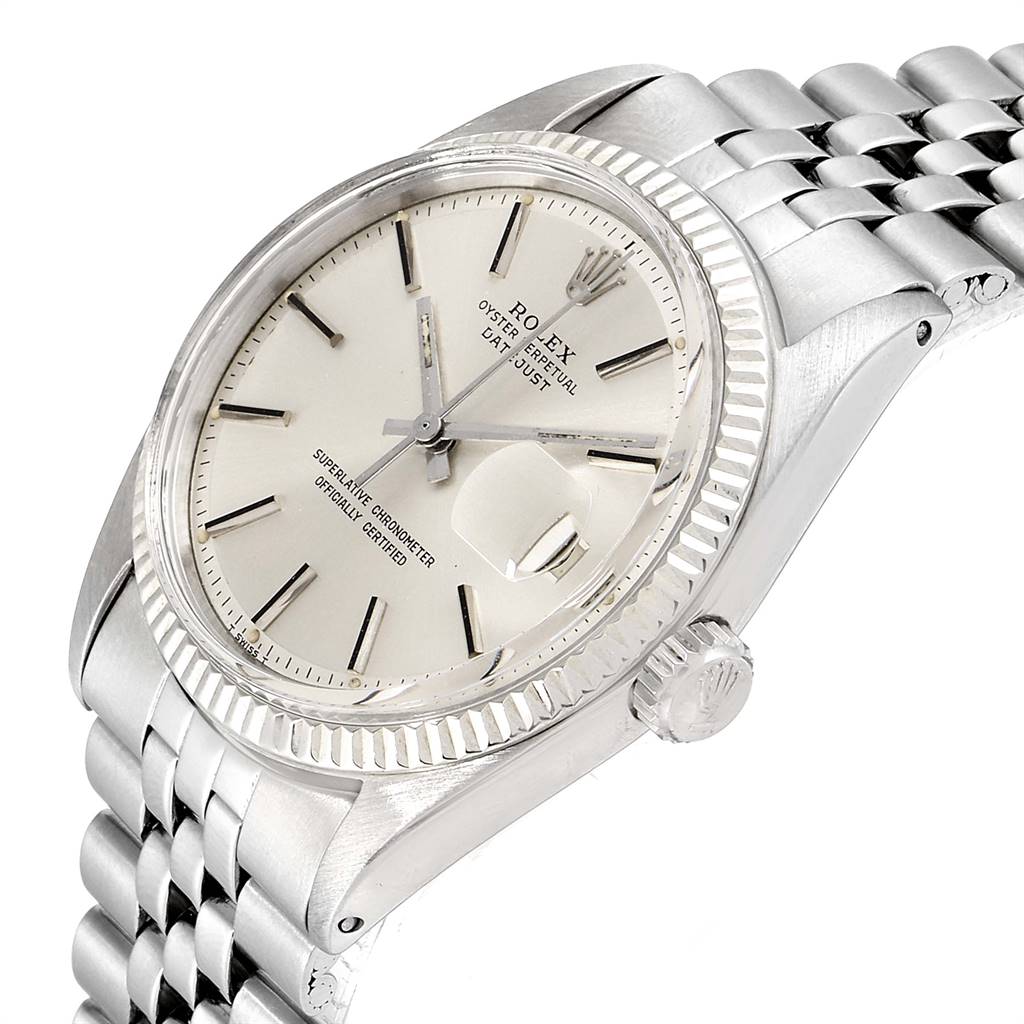 The image shows a close-up angled view of a Rolex Vintage Collection 1601 Men
s Stainless Steel Silver Dial 1601 Men
s Stainless Steel Silver Dial watch, highlighting the face, crown, and part of the bracelet.