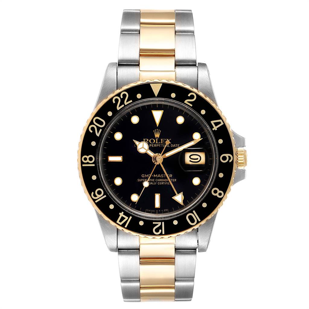The Rolex Vintage Collection 16753 Men's Steel and Gold (two tone) Black Dial 16753 Men's Steel and Gold (two tone) Black Dial model GMT-Master is shown from a front angle, displaying the dial, bezel, crown, and bracelet.