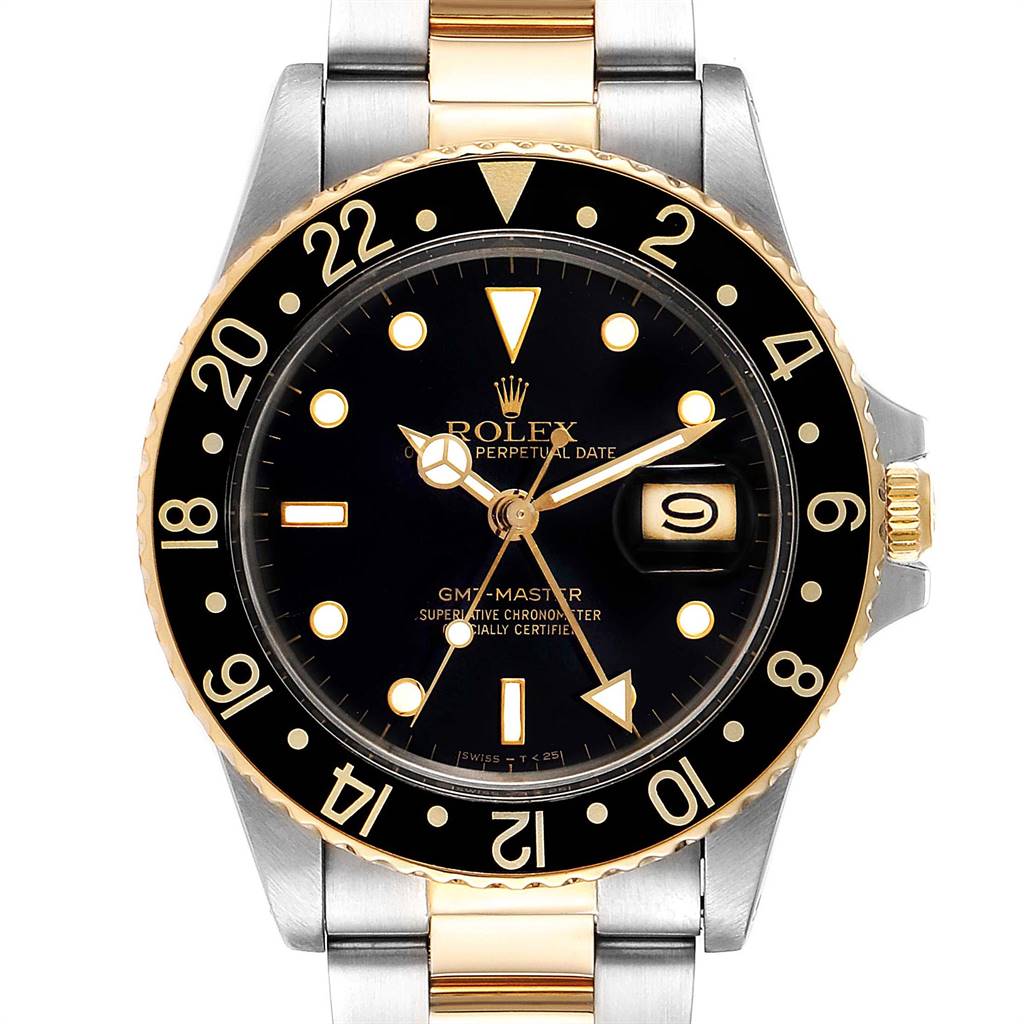 The image shows a front view of the Rolex Vintage Collection 16753 Men's Steel and Gold (two tone) Black Dial 16753 Men's Steel and Gold (two tone) Black Dial GMT-Master watch, highlighting the bezel, dial, hands, and bracelet.
