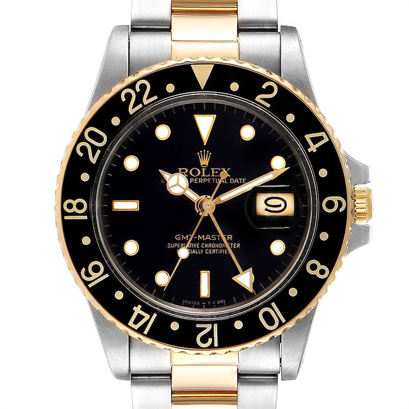Rolex GMT Master Steel Yellow Gold Black Dial Vintage Mens Watch 16753 SwissWatchExpo