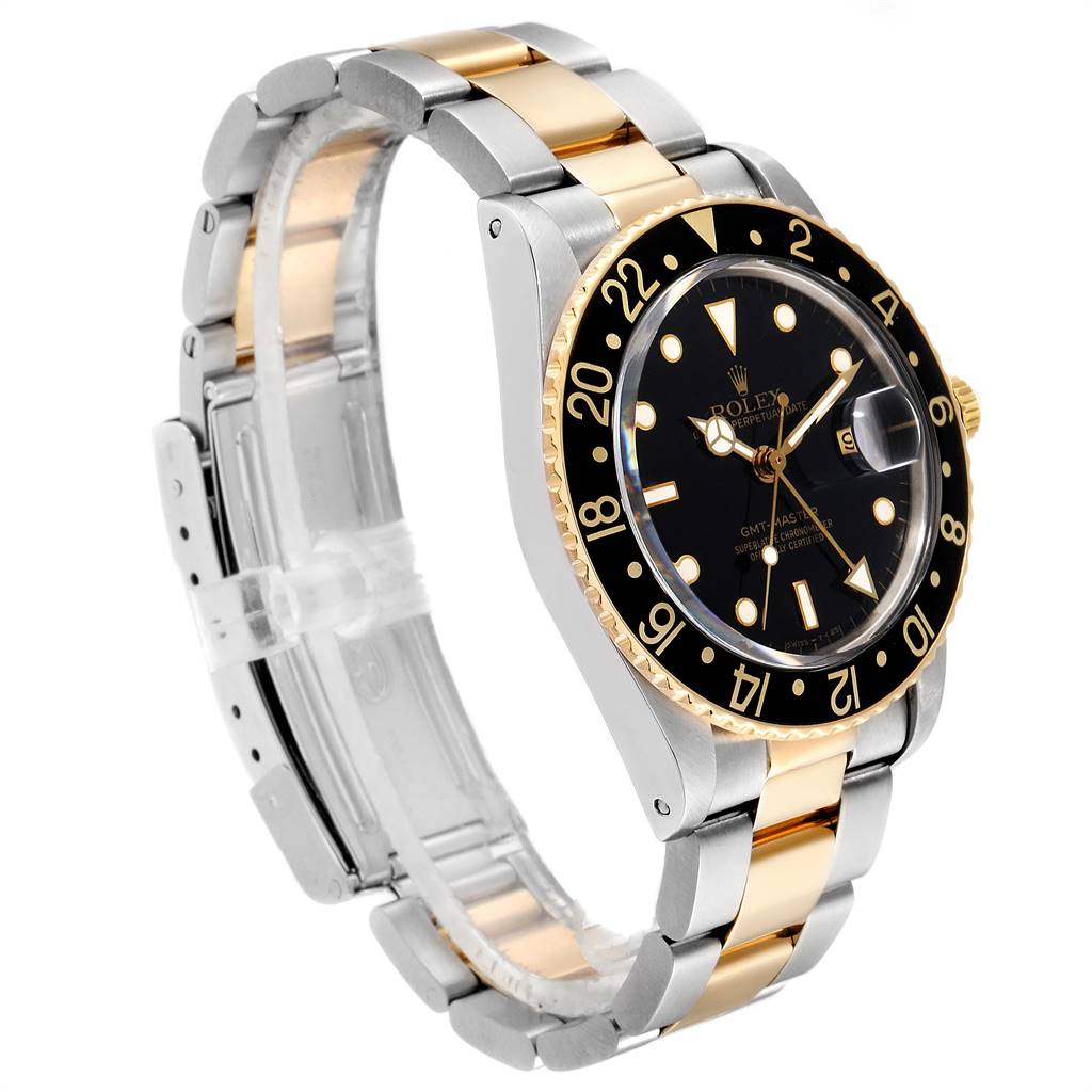 The image shows a side angle of the Rolex Vintage Collection 16753 Men's Steel and Gold (two tone) Black Dial 16753 Men's Steel and Gold (two tone) Black Dial model, highlighting the two-tone strap, bezel, and dial.
