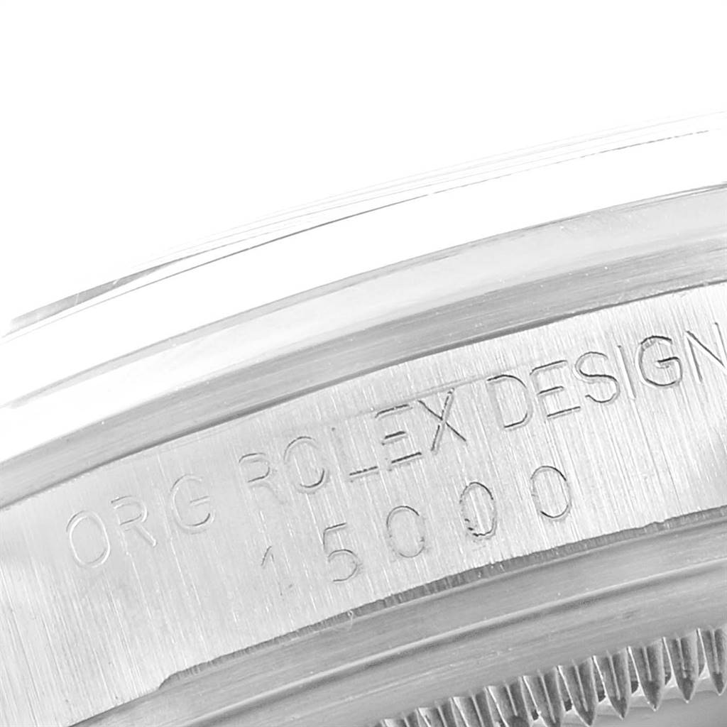 This image shows a close-up of the side of a Rolex Vintage Collection 15000 Men
s Stainless Steel Silver Dial 15000 Men
s Stainless Steel Silver Dial watch, highlighting its engraved model number and branding.