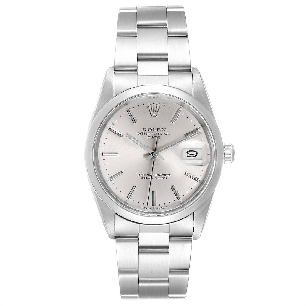The image shows a front-facing view of a Rolex Vintage Collection 15000 Men
s Stainless Steel Silver Dial 15000 Men
s Stainless Steel Silver Dial watch, featuring its silver dial, hands, date display, and bracelet.