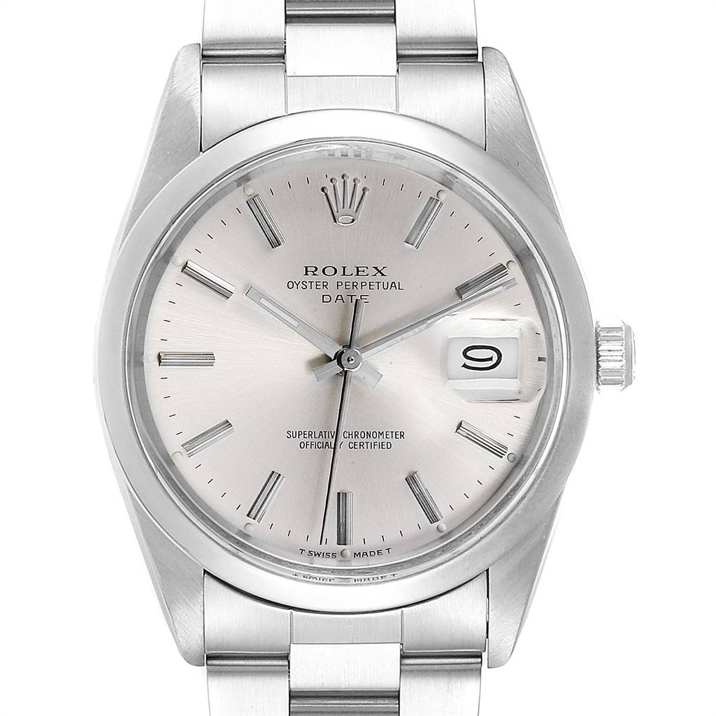 This image shows a front view of the Rolex Vintage Collection 15000 Men
s Stainless Steel Silver Dial 15000 Men
s Stainless Steel Silver Dial watch, highlighting its dial, hour markers, date window, and bracelet.
