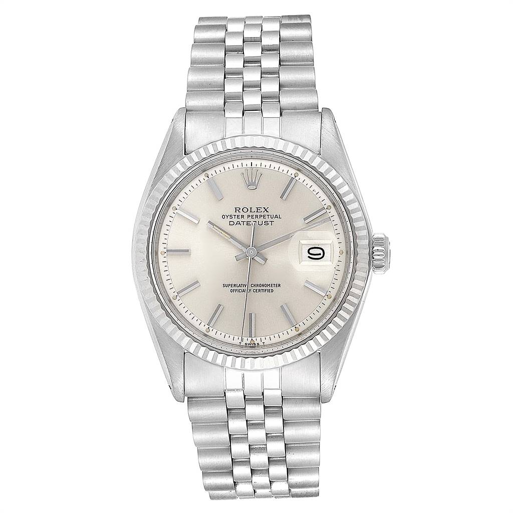 The image shows a front view of the Rolex Vintage Collection 1601 Men
s Stainless Steel Silver Dial 1601 Men
s Stainless Steel Silver Dial Oyster Perpetual Datejust watch, including the face, bezel, and bracelet.