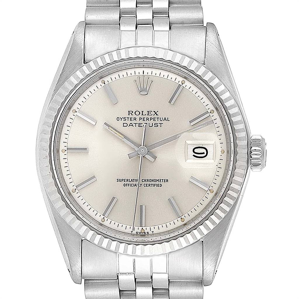 The image shows a front view of a Rolex Vintage Collection 1601 Men
s Stainless Steel Silver Dial 1601 Men
s Stainless Steel Silver Dial Datejust, displaying the dial, bezel, crown, and bracelet.