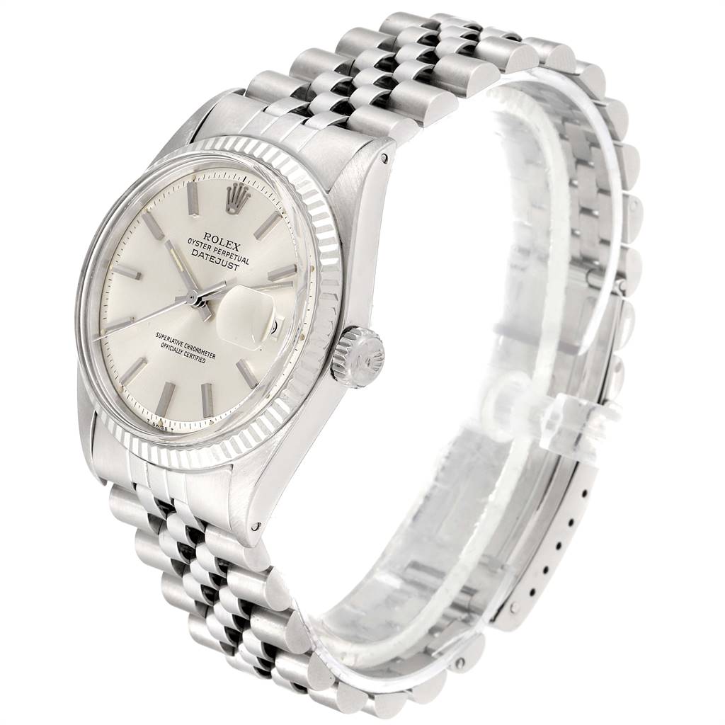 This image shows a side-angle view of a Rolex Vintage Collection 1601 Men
s Stainless Steel Silver Dial 1601 Men
s Stainless Steel Silver Dial watch, displaying its face, bezel, crown, and bracelet.