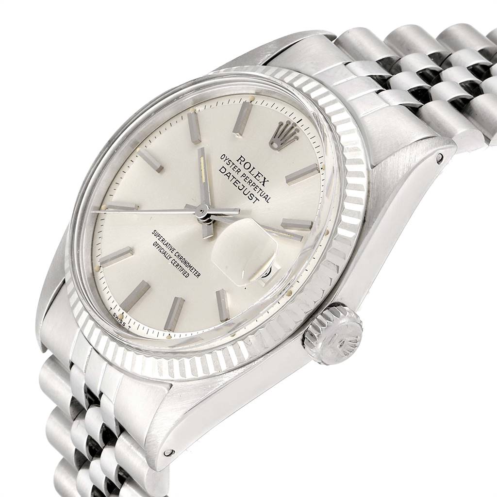 The Rolex Vintage Collection 1601 Men
s Stainless Steel Silver Dial 1601 Men
s Stainless Steel Silver Dial model watch is shown at a three-quarter angle, highlighting its dial, crown, and bracelet.