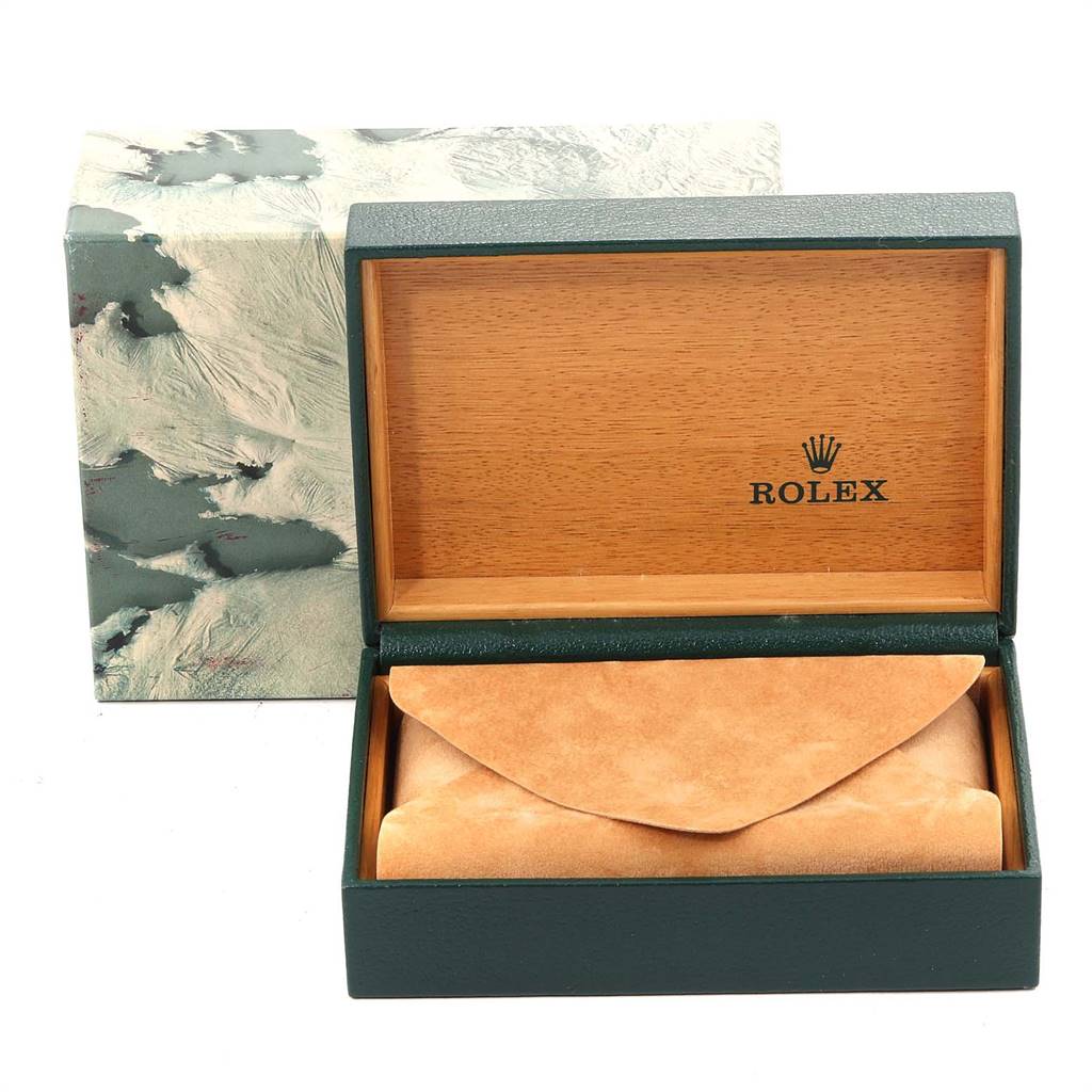 The image shows a Rolex Vintage Collection 1601 Men
s Stainless Steel Silver Dial 1601 Men
s Stainless Steel Silver Dial model watch box with a suede pouch inside, viewed from the front.