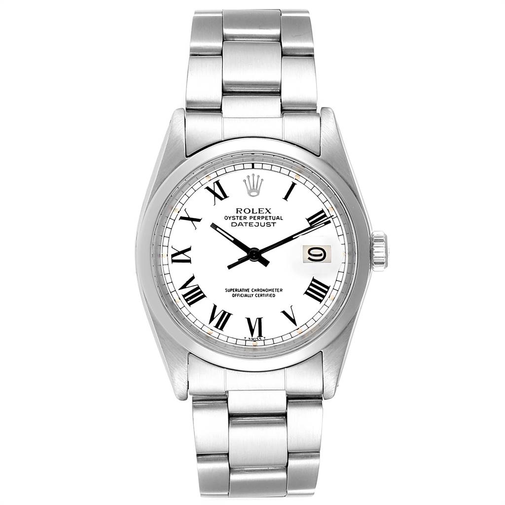 The Rolex Vintage Collection 1600 Men's Stainless Steel White Dial 1600 Men's Stainless Steel White Dial Datejust watch is shown from a straight-on angle, highlighting its face, bezel, and bracelet.