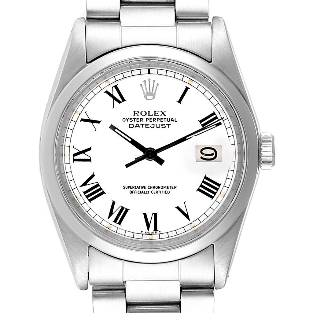 This image shows a front view of a Rolex Vintage Collection 1600 Men's Stainless Steel White Dial 1600 Men's Stainless Steel White Dial Datejust watch, highlighting the dial, hands, date window, and parts of the bracelet.