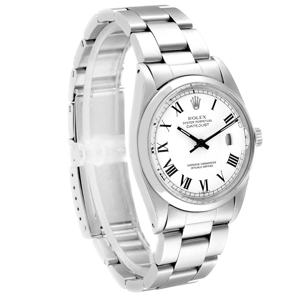 This image shows a side angle of the Rolex Vintage Collection 1600 Men's Stainless Steel White Dial 1600 Men's Stainless Steel White Dial Datejust watch, highlighting its bracelet, crown, and white dial.