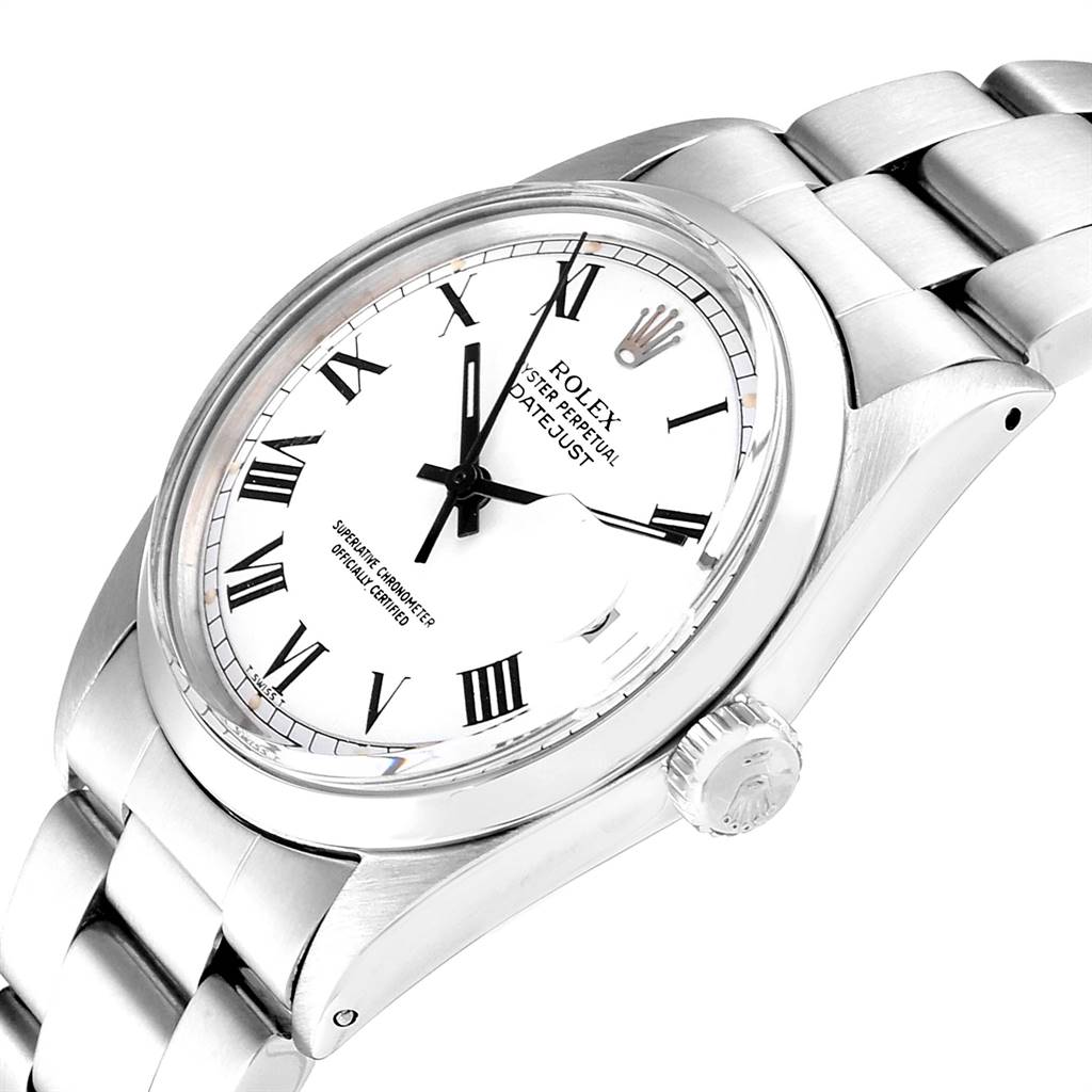 The Rolex Vintage Collection 1600 Men's Stainless Steel White Dial 1600 Men's Stainless Steel White Dial watch is shown from an angled side view, highlighting the dial, crown, and stainless steel bracelet.