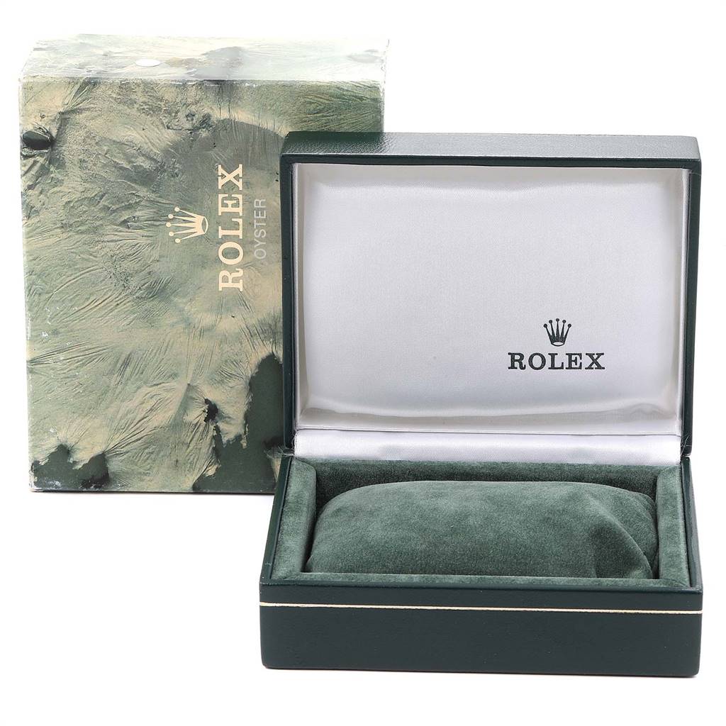 The image shows an empty Rolex Vintage Collection 16030 Men
s Stainless Steel Silver Dial 16030 Men
s Stainless Steel Silver Dial watch box and its outer cover from a straight angle.