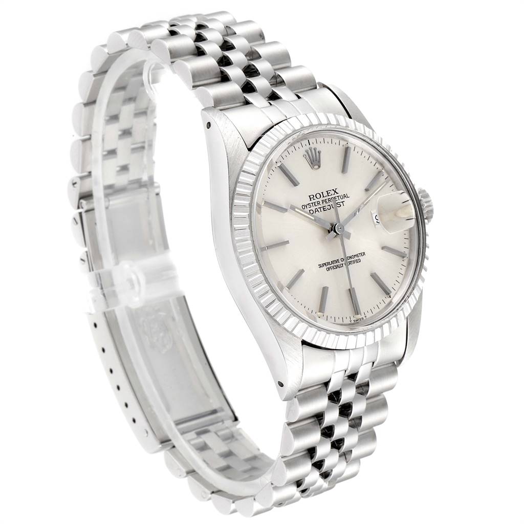 This image shows a side angle view of the Rolex Vintage Collection 16030 Men
s Stainless Steel Silver Dial 16030 Men
s Stainless Steel Silver Dial watch, highlighting the face, case, and bracelet.