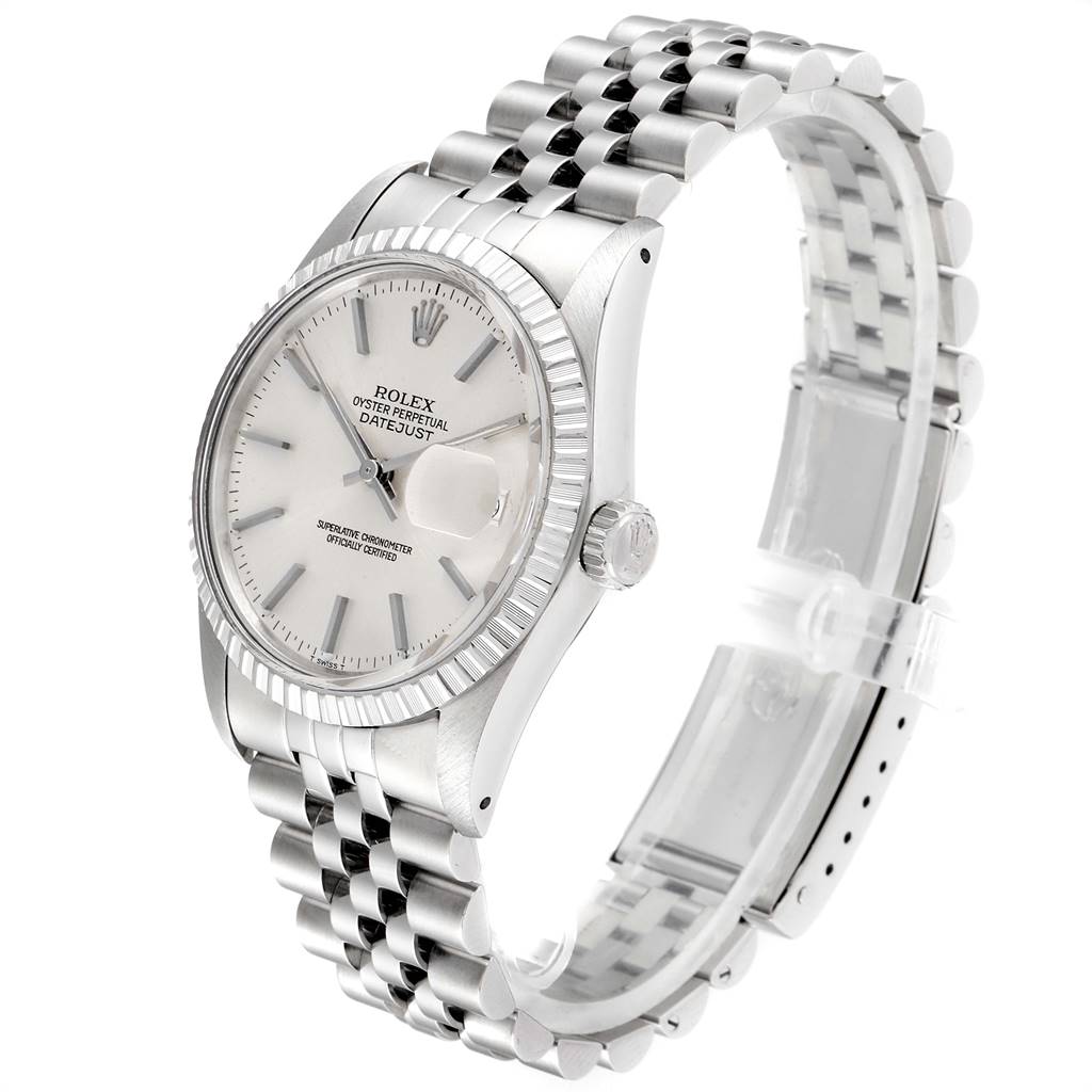 The image shows a Rolex Vintage Collection 16030 Men
s Stainless Steel Silver Dial 16030 Men
s Stainless Steel Silver Dial Datejust watch at an angled side view, featuring the dial, bezel, crown, and bracelet.