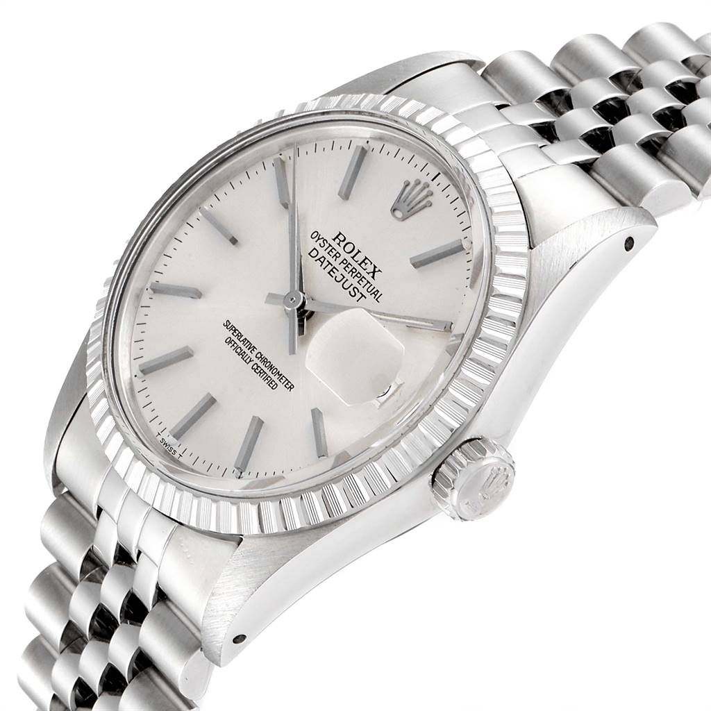 The Rolex Vintage Collection 16030 Men
s Stainless Steel Silver Dial 16030 Men
s Stainless Steel Silver Dial model is shown at an angled view, displaying the face, bezel, crown, and part of the bracelet.