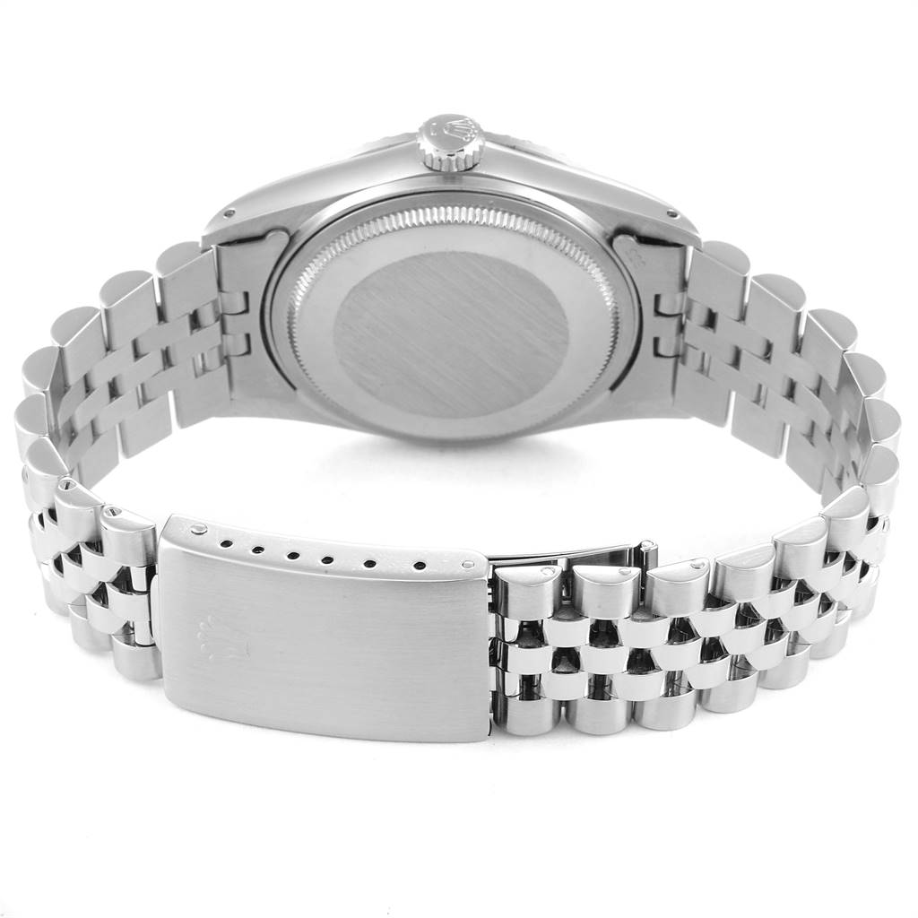 The image shows the back view of a Rolex Vintage Collection 16030 Men
s Stainless Steel Silver Dial 16030 Men
s Stainless Steel Silver Dial watch, highlighting the case back, crown, and bracelet clasp.