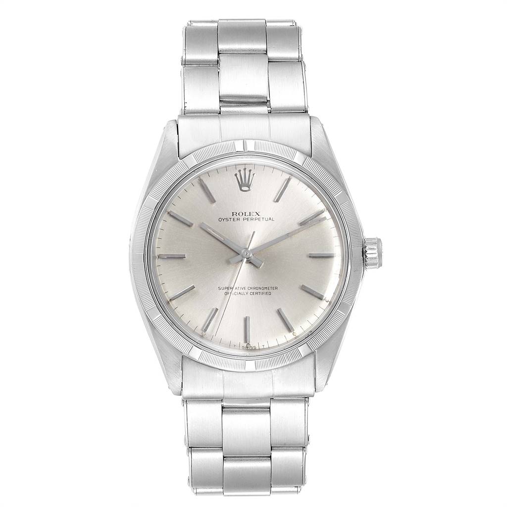 This image shows a Rolex Vintage Collection 1003 Men
s Stainless Steel Silver Dial 1003 Men
s Stainless Steel Silver Dial model watch from a front angle, showcasing its dial, hands, case, and bracelet.