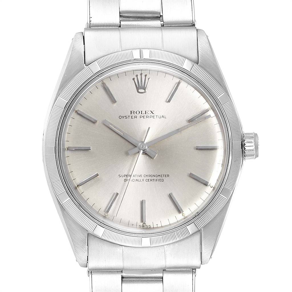 The image shows a front view of a Vintage Collection Rolex Oyster Perpetual watch, highlighting the dial, bezel, and bracelet.