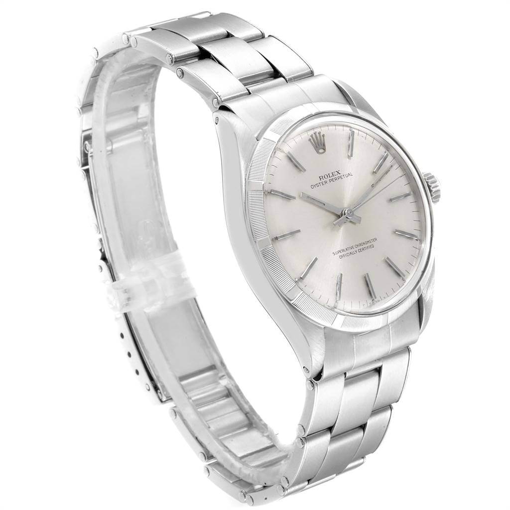 The image shows a side angle of the Rolex Vintage Collection 1003 Men
s Stainless Steel Silver Dial 1003 Men
s Stainless Steel Silver Dial model, featuring the watch face, case, and bracelet.
